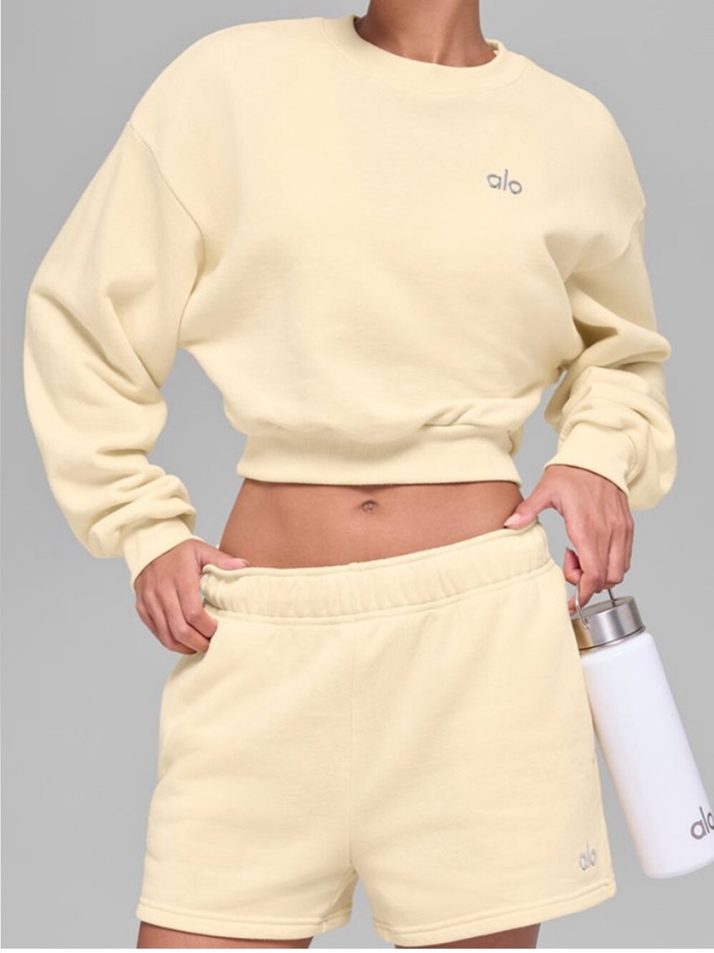ALO Yoga Cropped Accolade Crewneck and Short Set Limited Candlelight Yellow